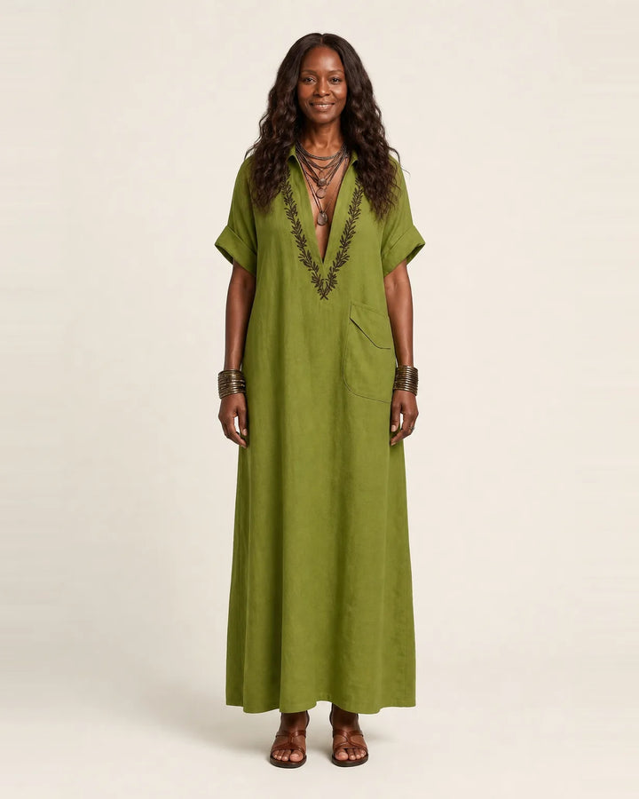 Amarina | Embroidered V-Neck Collar Linen Maxi Dress — Green