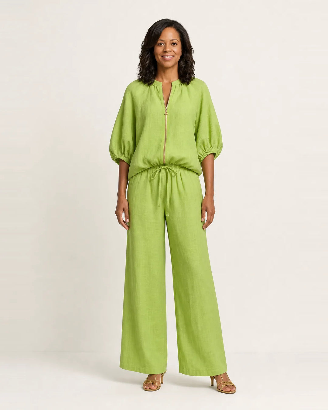 Marlowe | Zipper-Front Puff Sleeve Set — Green