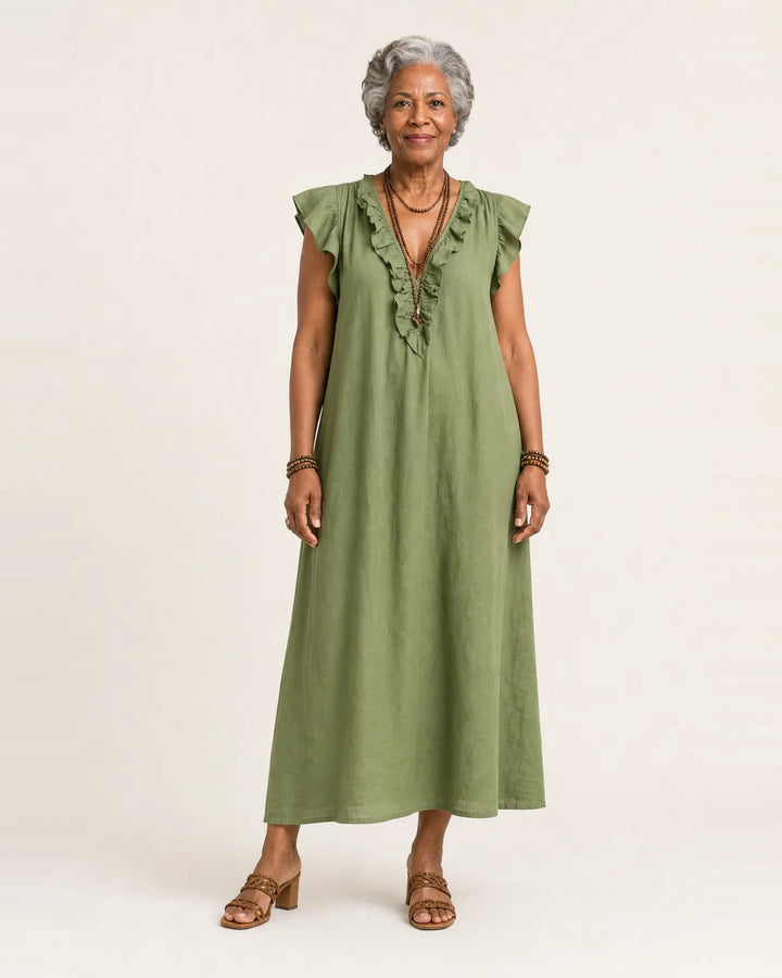 Josette | Ruffle V-Neck Linen Maxi Dress — Green