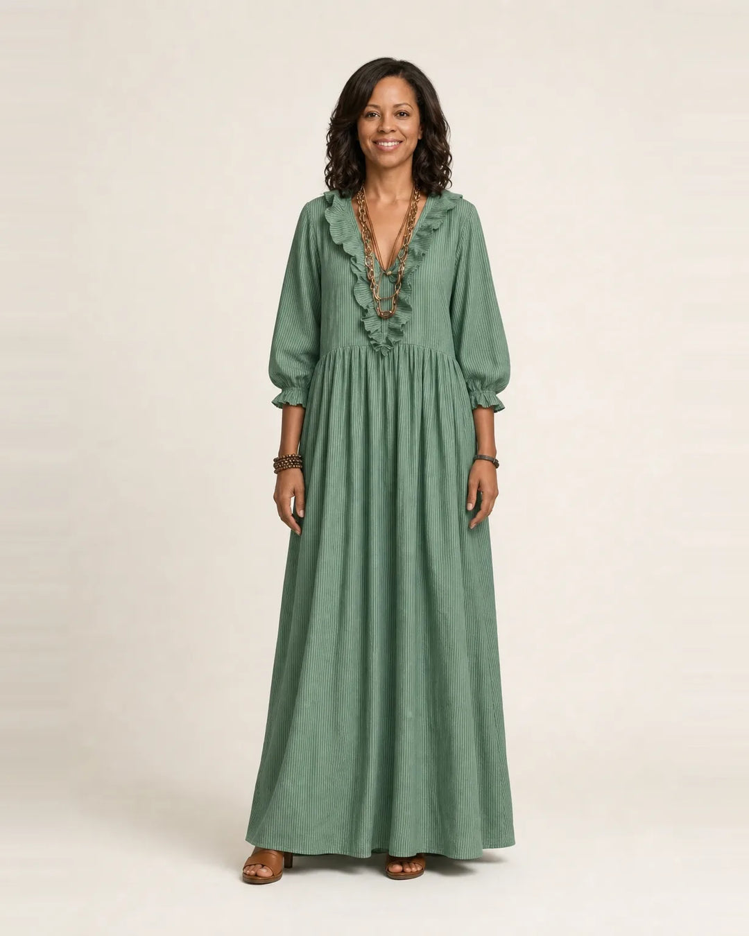 Yosetta | Ruffle V-Neck Striped Lantern-Sleeve Maxi Dress — Green