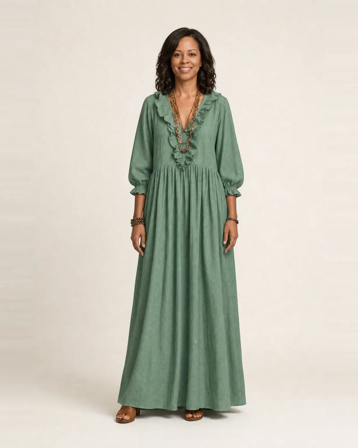 Yosetta | Ruffle V-Neck Striped Lantern-Sleeve Maxi Dress — Green