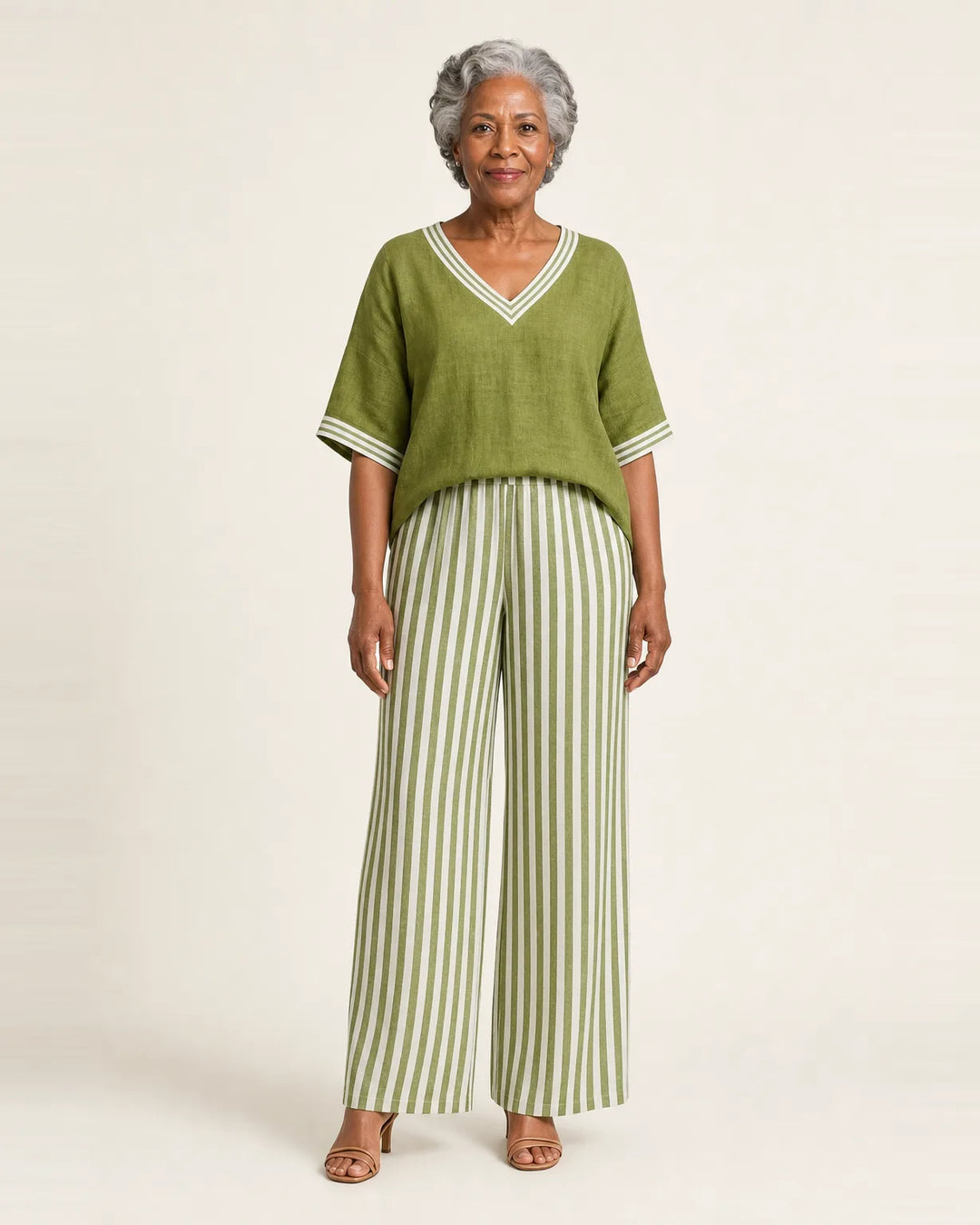 Juliana | V-Neck Varsity Top & Stripe Wide-Leg Set — Green