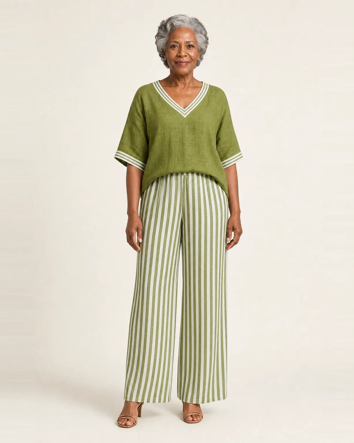 Juliana | V-Neck Varsity Top & Stripe Wide-Leg Set — Green