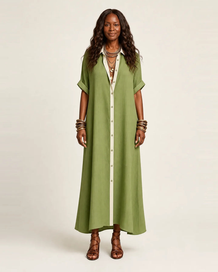 Kamira | Contrast-Collar Button-Front Short-Sleeve Maxi Shirt Dress — Green
