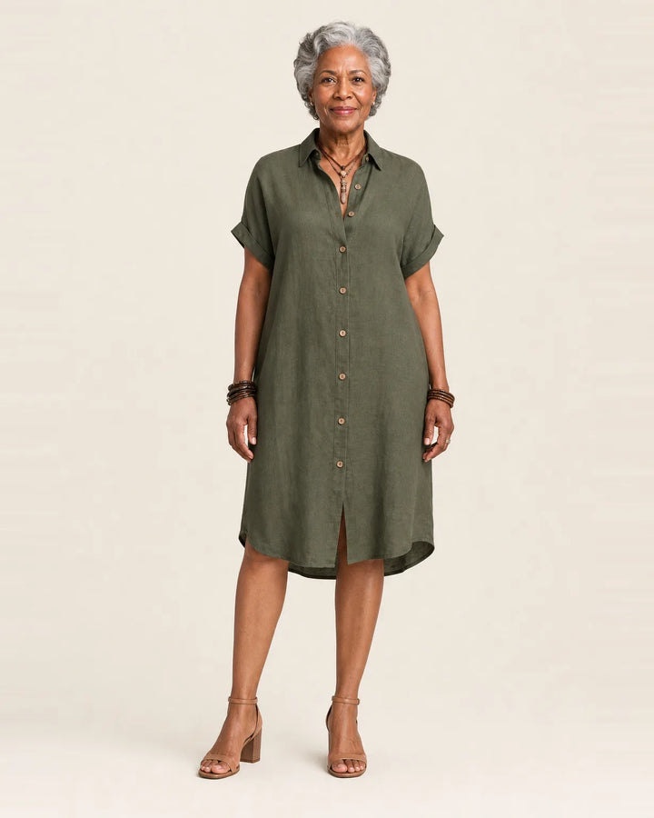 Nidalie | Cotton-Linen Midi Shirt Dress with Rolled Cuffs — Green