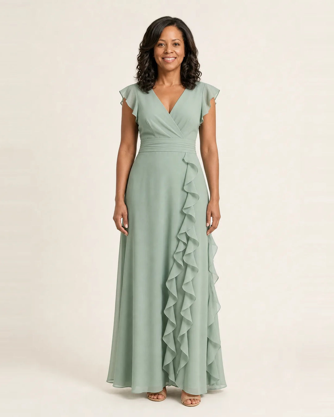 Nellyana | Wrap-Style V-Neck Flutter-Sleeve Cascading Ruffle Maxi Dress — Green
