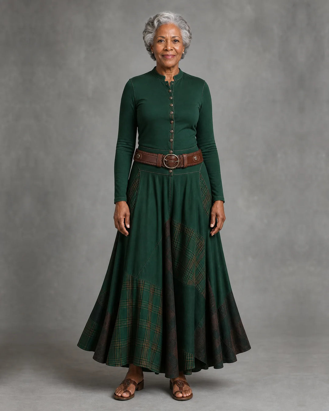 Leonora | Vintage Long Dress in Navy Blue Suede Check (Includes Belt)