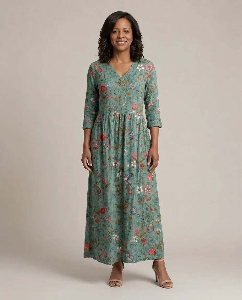 Marina | Floral V Neck Three Quarter Sleeve Maxi Dress