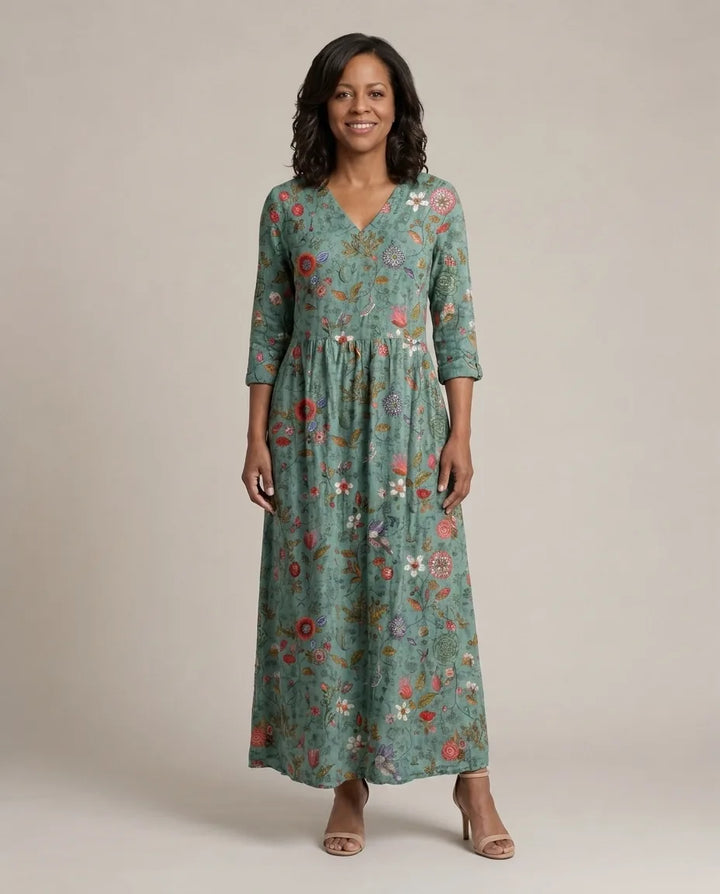 Marina | Floral V Neck Three Quarter Sleeve Maxi Dress