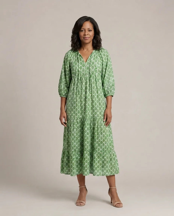 Apolline | Three Quarter Sleeve V Neck Patterned Midi Dress