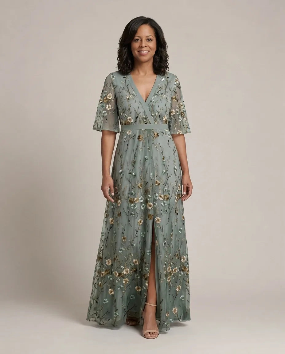 Evadne | Floral V Neck Short Sleeve Maxi Dress