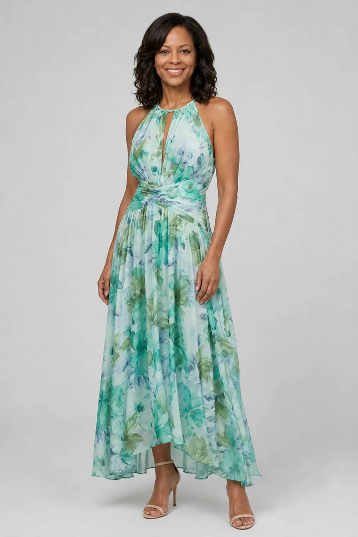 Portia | Pleated Halter Soft Floral Pattern Midi Dress — Green