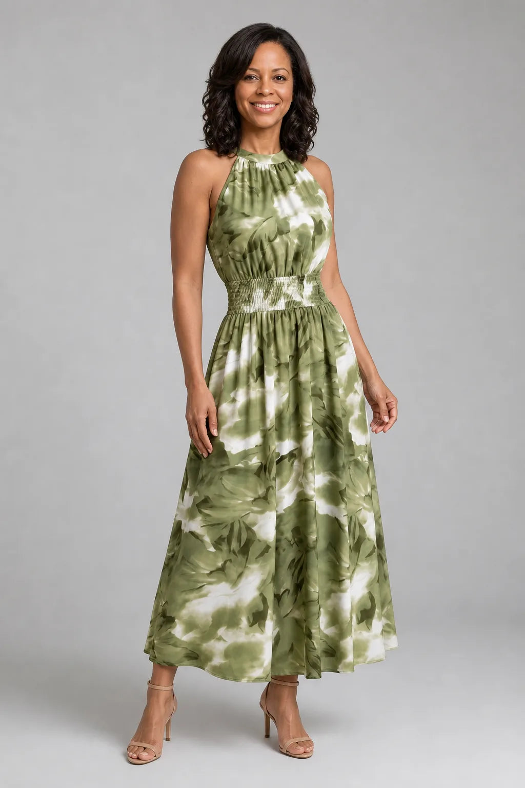 Olivia | Gathered Waist Abstract Print Midi Dress — Green