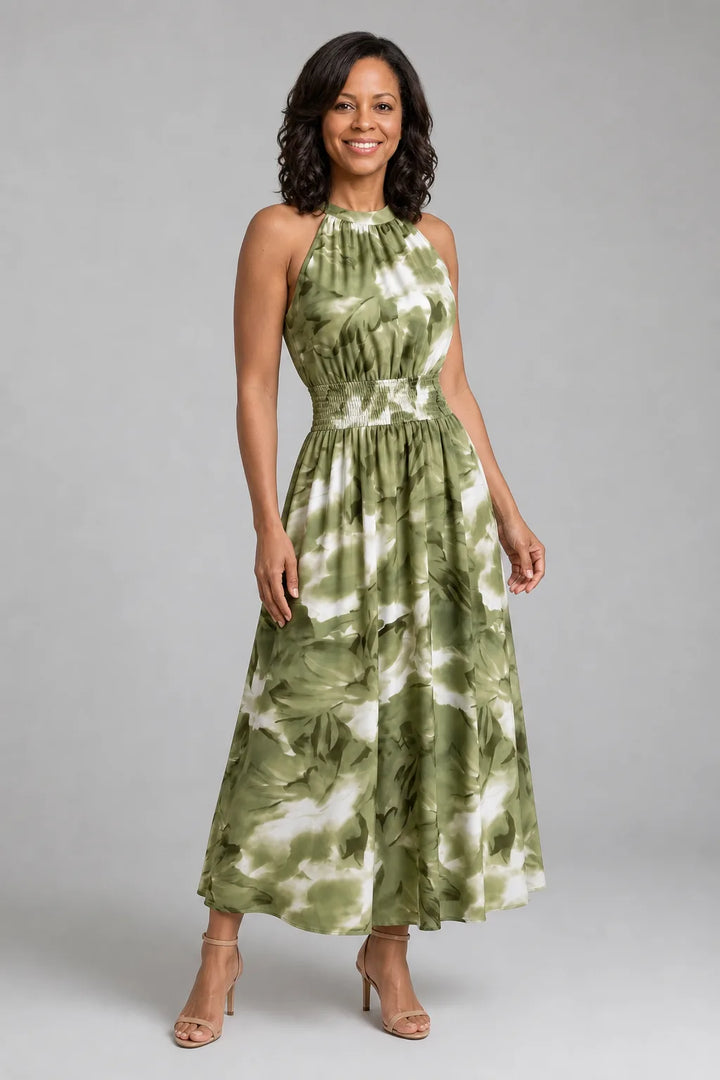 Olivia | Gathered Waist Abstract Print Midi Dress — Green