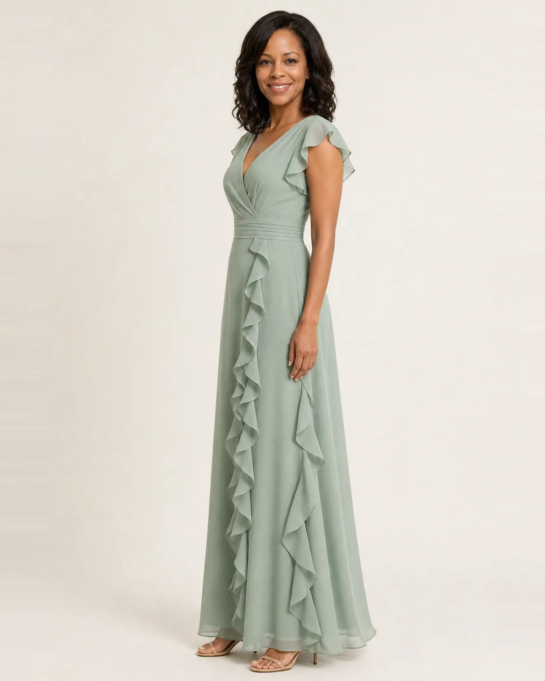 Nellyana | Wrap-Style V-Neck Flutter-Sleeve Cascading Ruffle Maxi Dress — Green