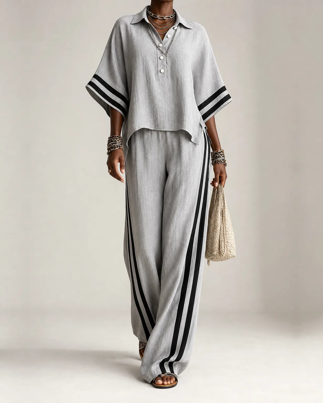Naima | Polo Collar Top & Side-Stripe Wide-Leg Set