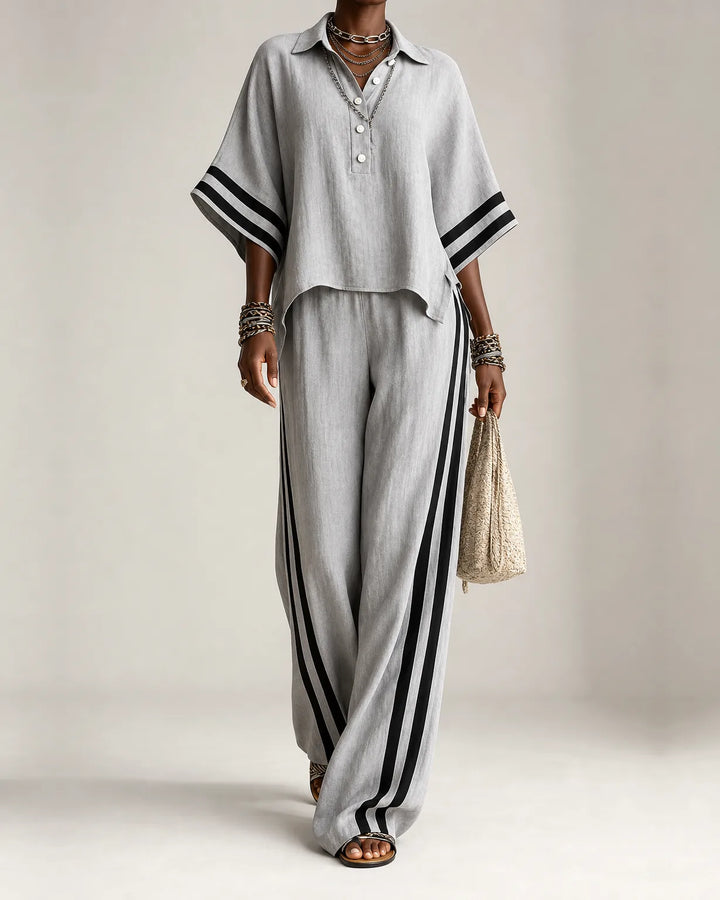 Naima | Polo Collar Top & Side-Stripe Wide-Leg Set