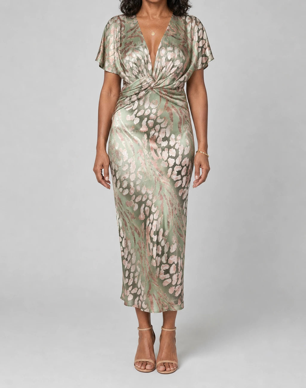 Higinia Tummy Flattering Copper Print Midi Dress