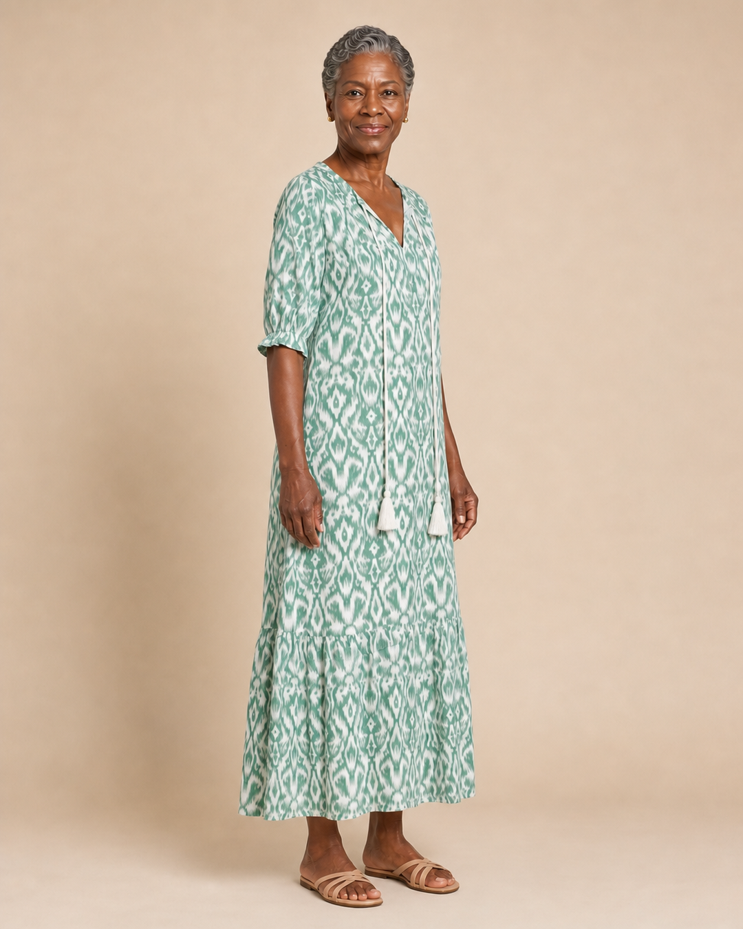Bethel | Emerald Ikat Tassel-Tie Midi Dress