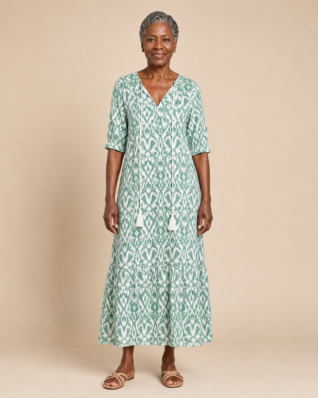 Bethel | Emerald Ikat Tassel-Tie Midi Dress