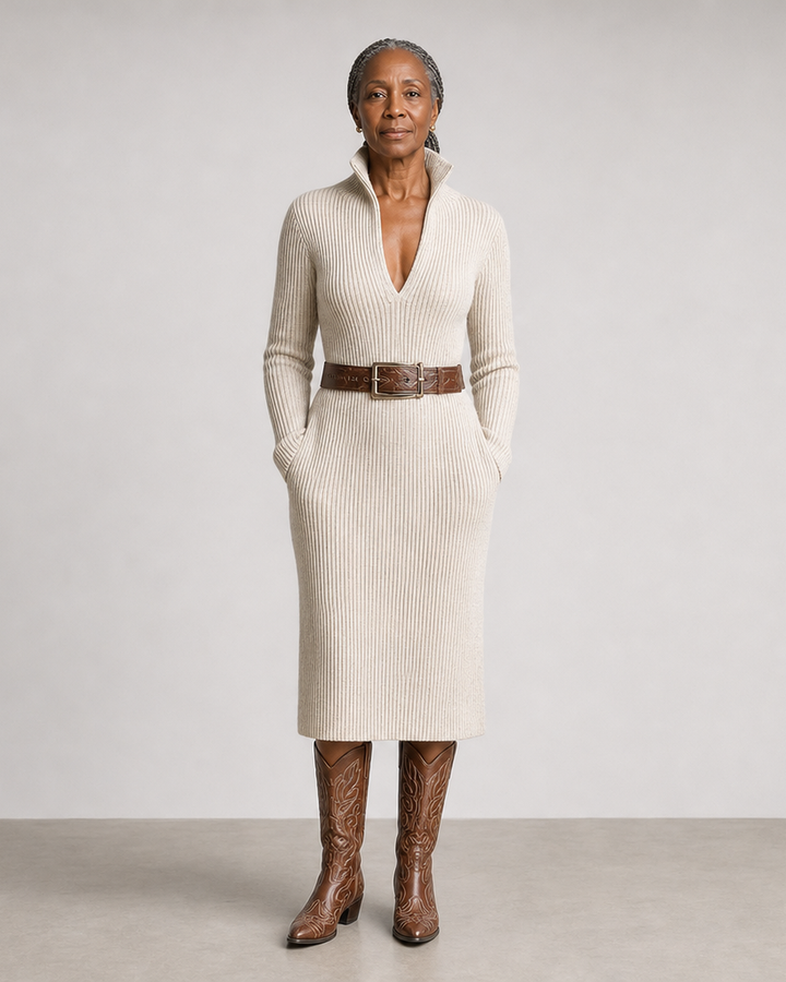 Lovie | Ribbed Knit Midi Dress Half-Zip Collar Belt