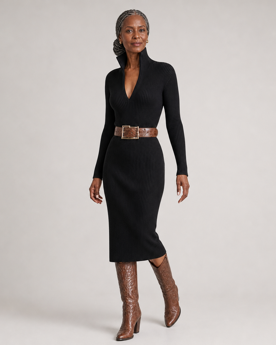 Imogen | Women's Ribbed Knit Midi Dress with Half-Zip Collar and Belt