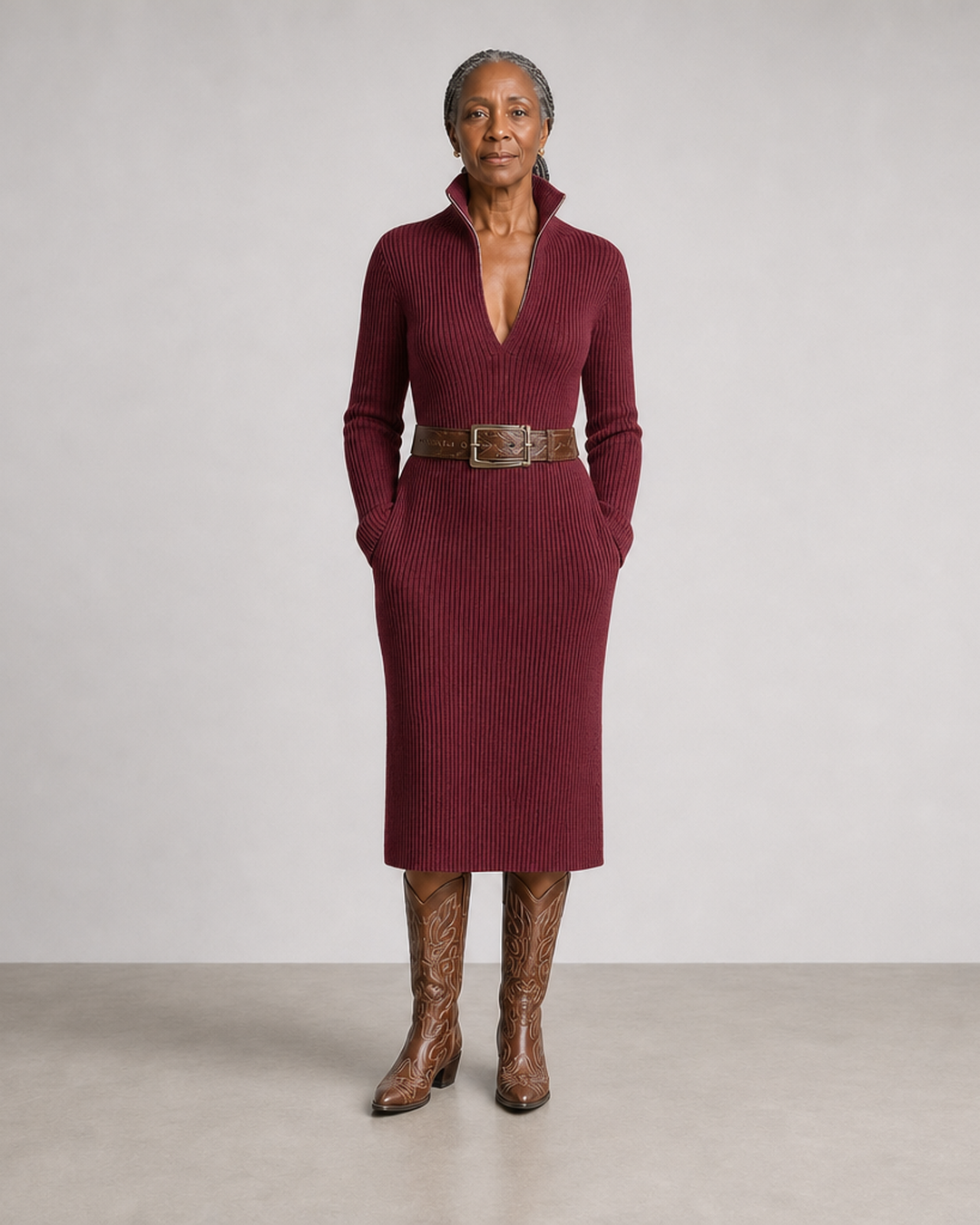 Imogen | Women's Ribbed Knit Midi Dress with Half-Zip Collar and Belt