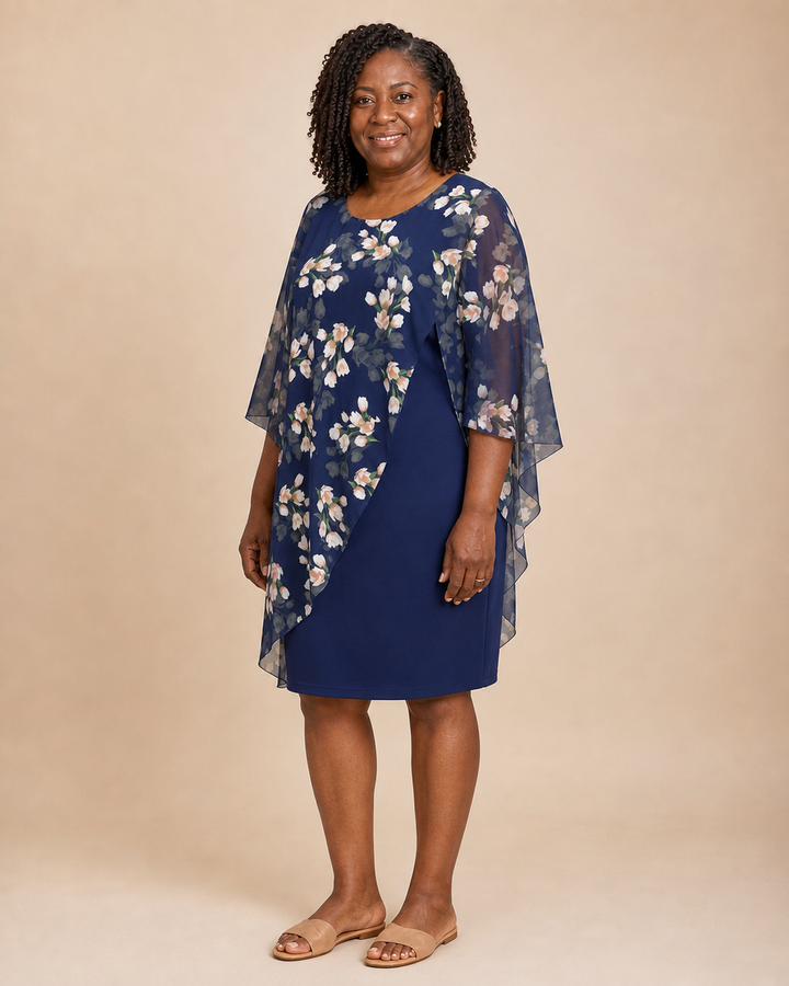 Zephyrine | Sheath Dress With Printed Cape Overlay