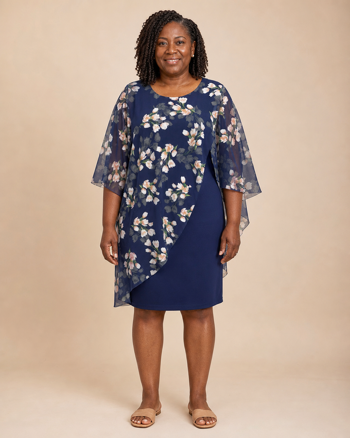Zephyrine | Sheath Dress With Printed Cape Overlay