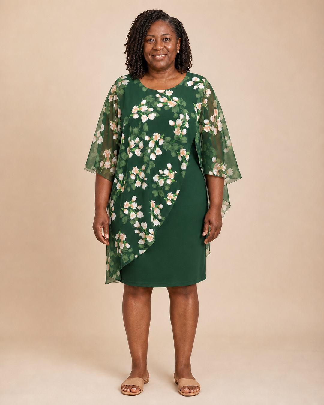 Zephyrine | Sheath Dress With Printed Cape Overlay