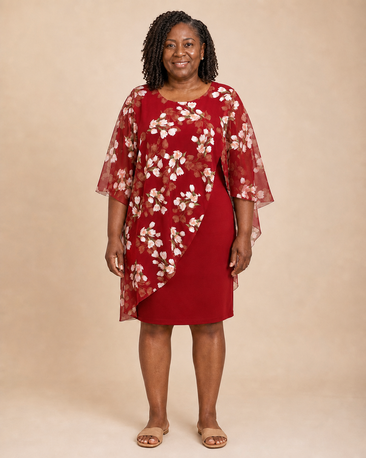 Zephyrine | Sheath Dress With Printed Cape Overlay