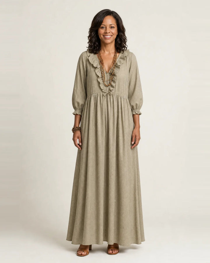Yosetta | Ruffle V-Neck Striped Lantern-Sleeve Maxi Dress — Khaki