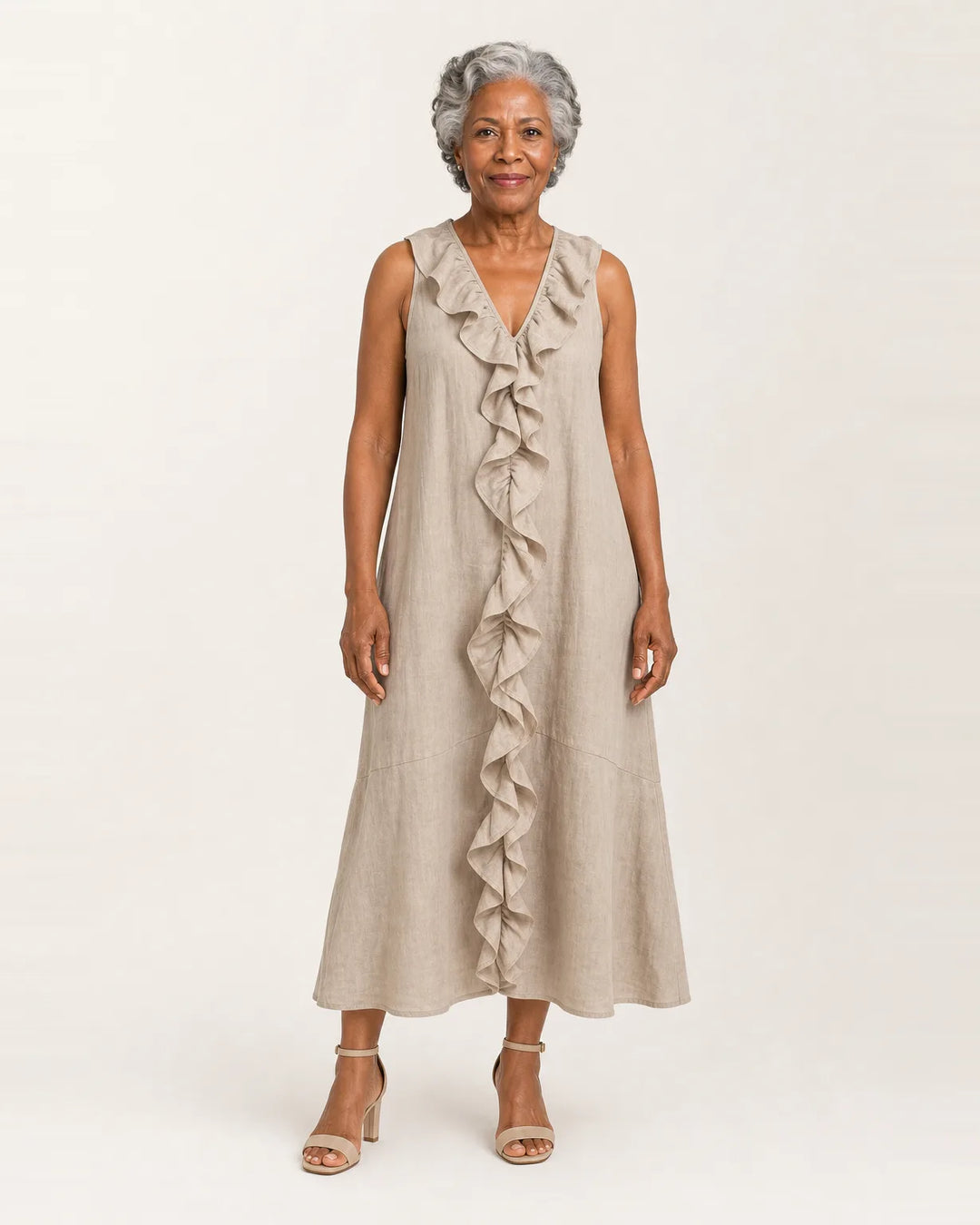 Vicky | Ruffle-Front V-Neck Sleeveless Linen Maxi Dress — Khaki