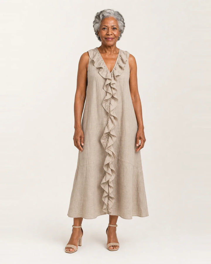 Vicky | Ruffle-Front V-Neck Sleeveless Linen Maxi Dress — Khaki