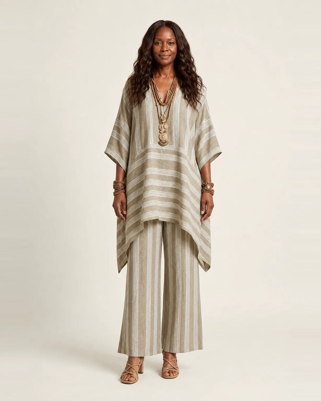 Kiara | Two-Piece Striped Cotton-Linen Set — Khaki