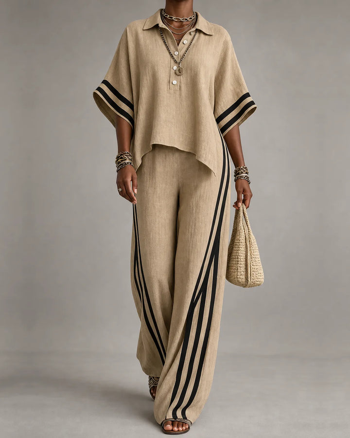 Naima | Polo Collar Top & Side-Stripe Wide-Leg Set
