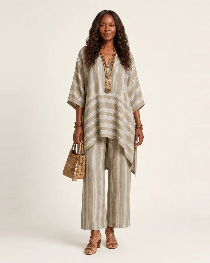 Kiara | Two-Piece Striped Cotton-Linen Set — Khaki