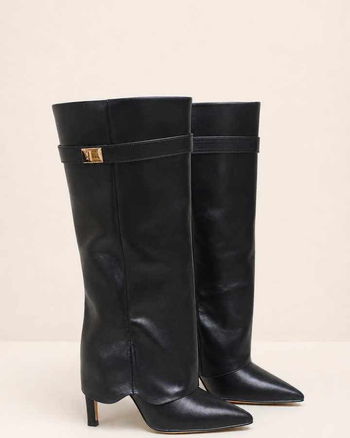 Harriet | Pointed-toe Wide-shaft Buckle Mid-calf Boot