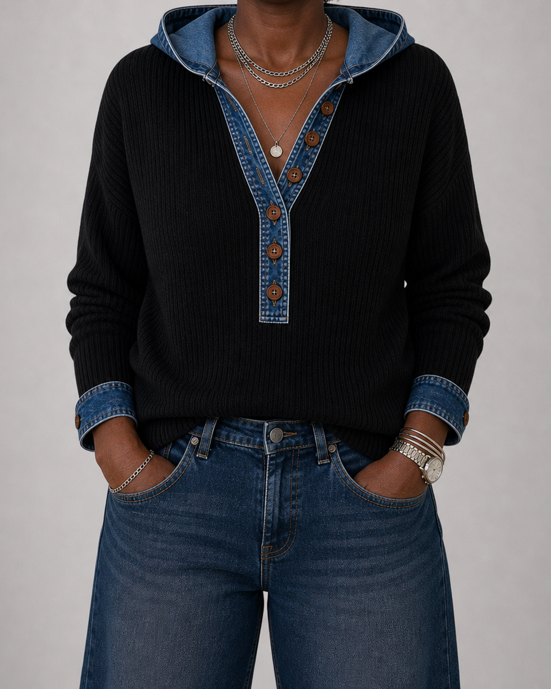 Winnow | Denim Trim Hooded Henley Sweater