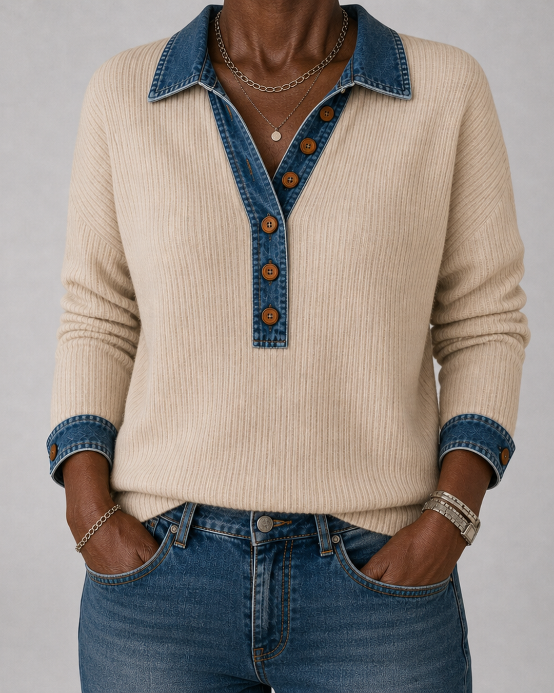 Clarisse | Denim Collar Ribbed Polo Sweater