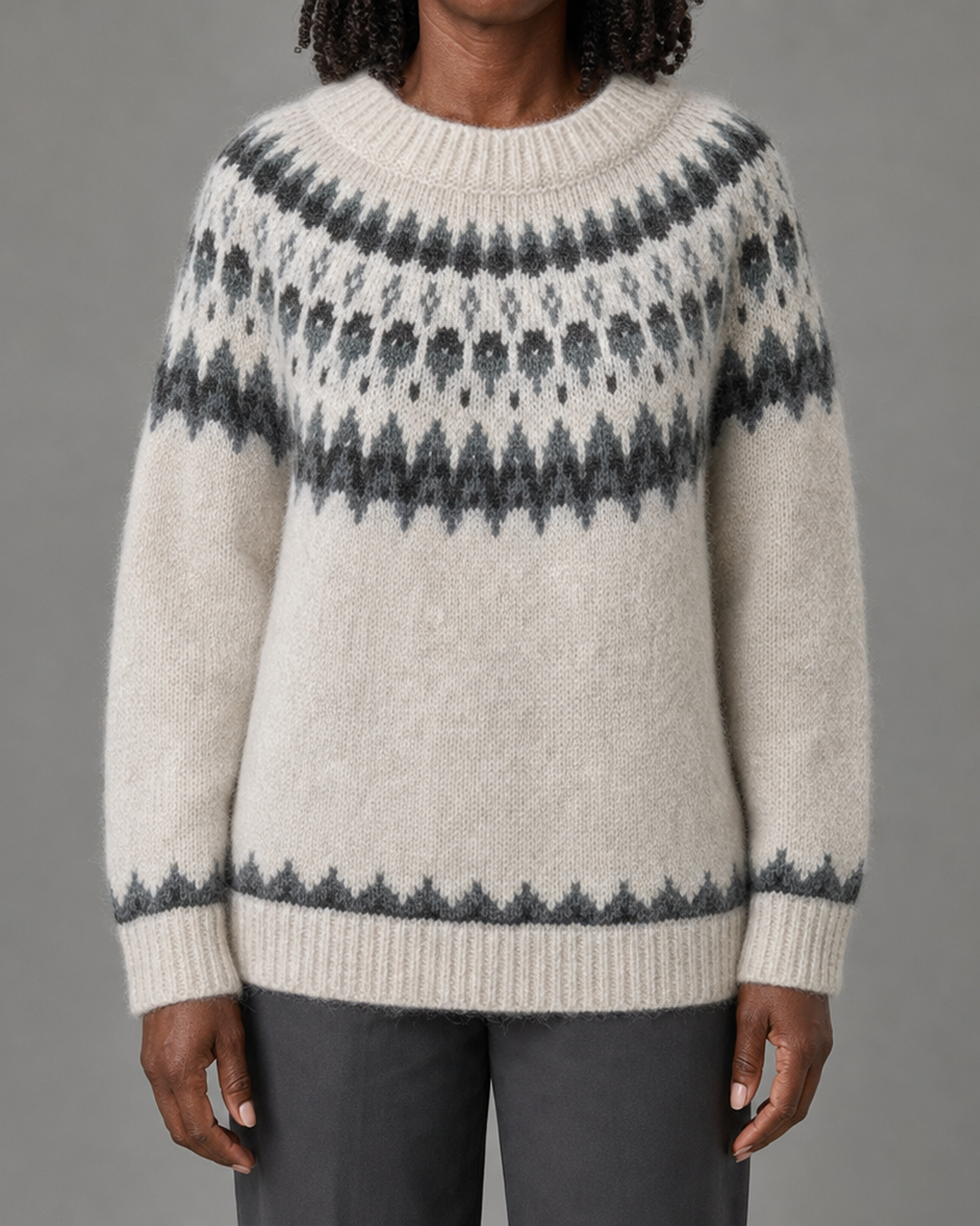 Theodora | Grey Chunky Alpaca-blend Fair Isle Sweater