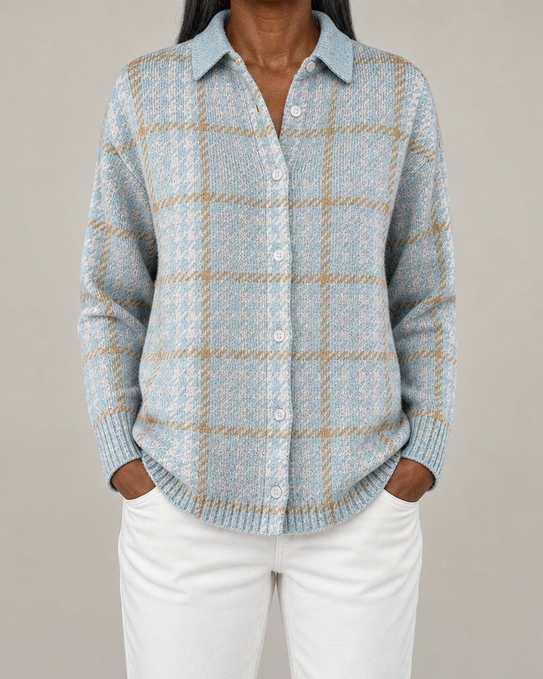 Kinsleigh | Sky Plaid Button Cardigan