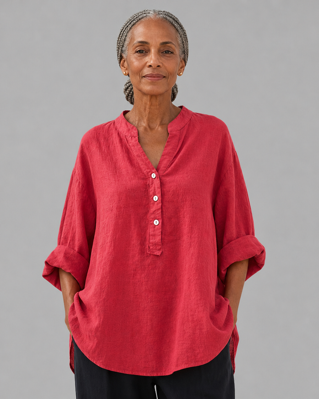 Veronique Elegant Cotton-Linen V-Neck Blouse