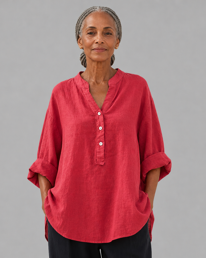 Veronique Elegant Cotton-Linen V-Neck Blouse