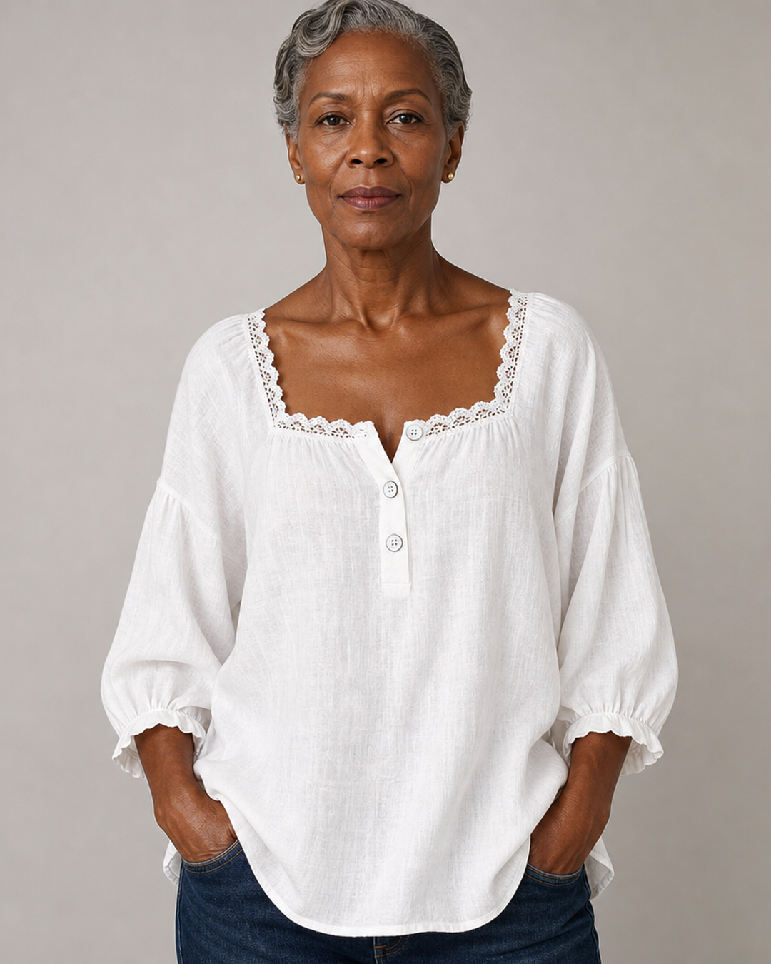 Elodie | Lace-Trim Square Neck Blouse