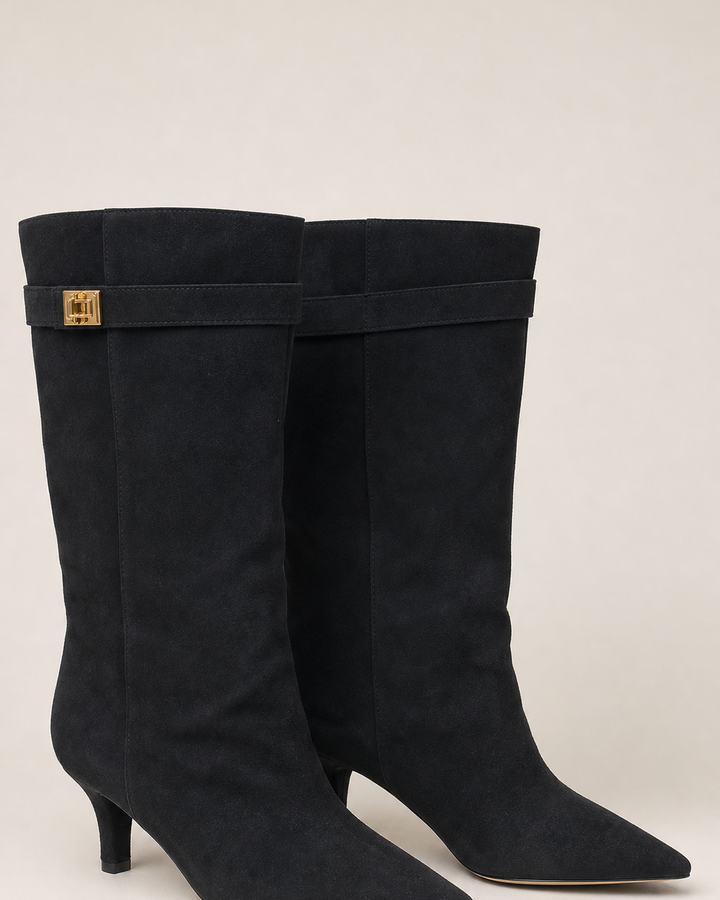 Harriet | Pointed-toe Wide-shaft Buckle Mid-calf Boot