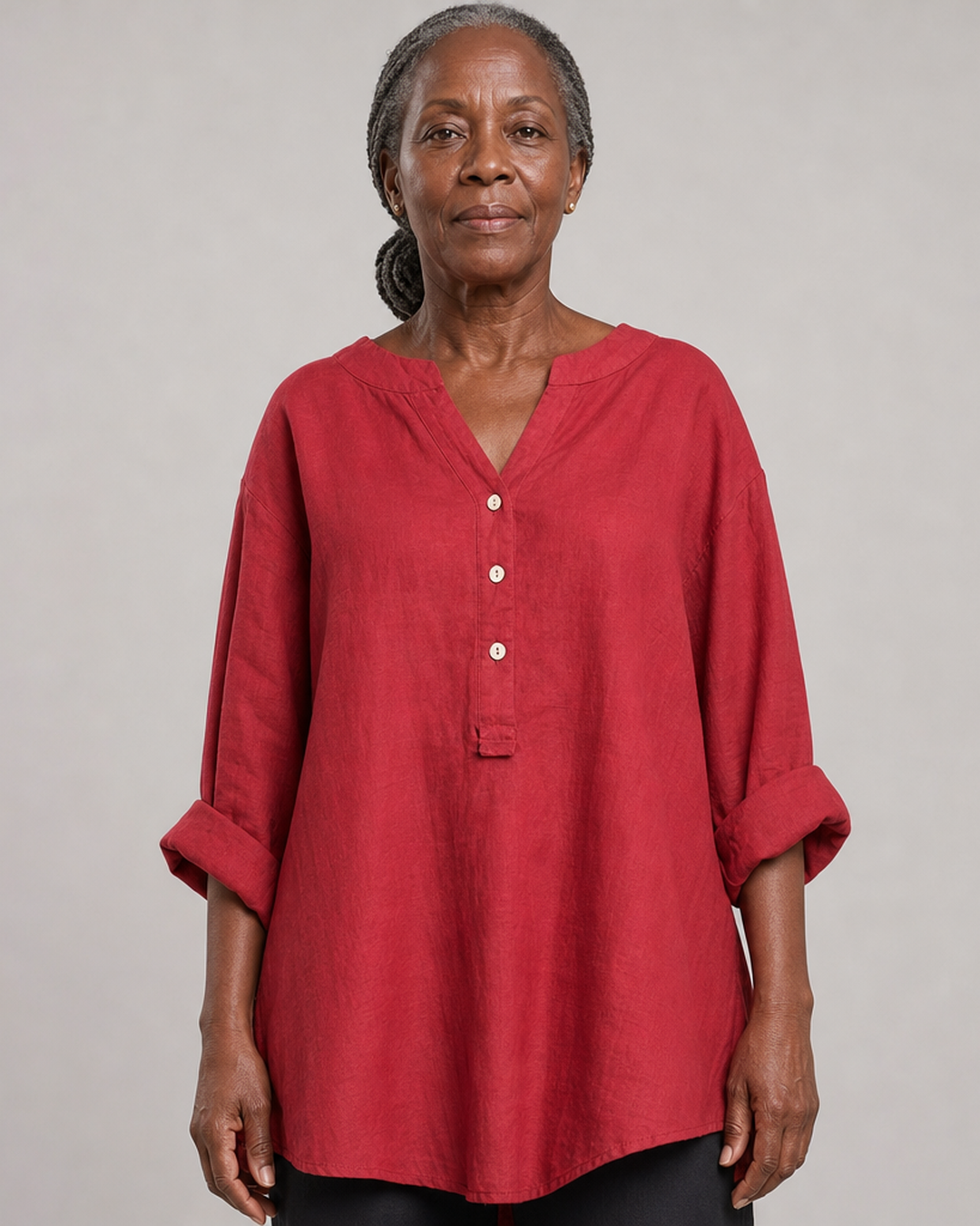Veronique Elegant Cotton-Linen V-Neck Blouse