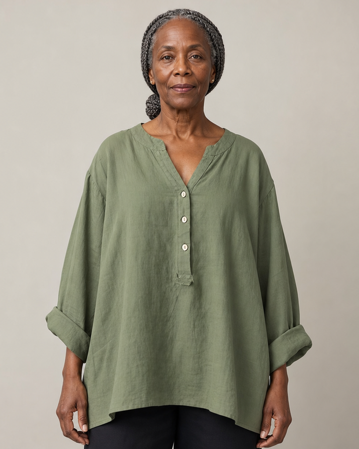 Veronique Elegant Cotton-Linen V-Neck Blouse