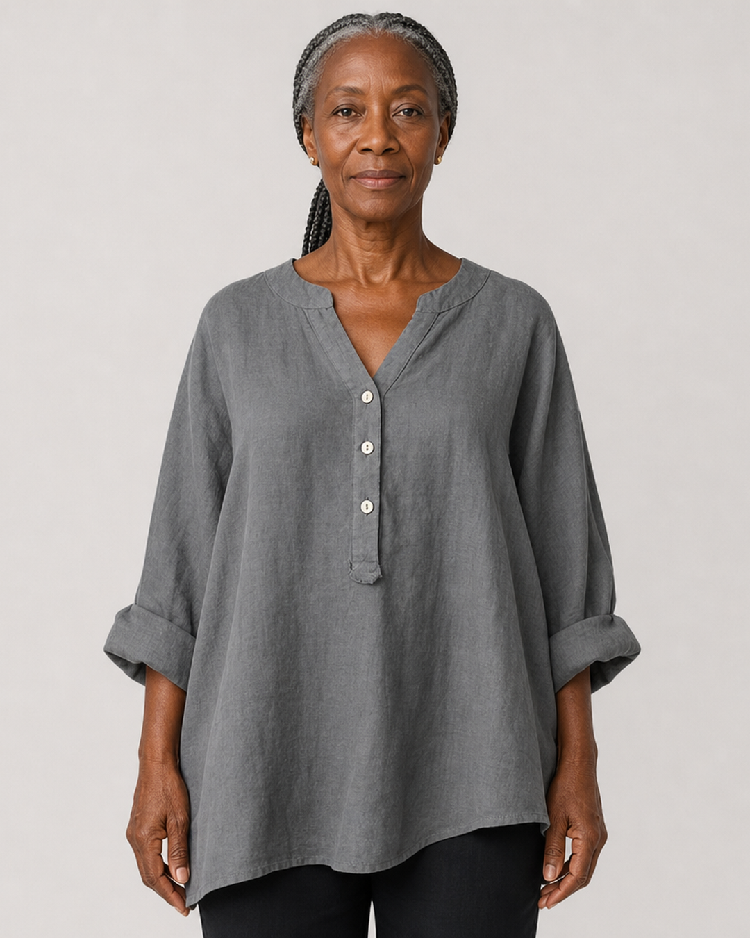 Veronique Elegant Cotton-Linen V-Neck Blouse