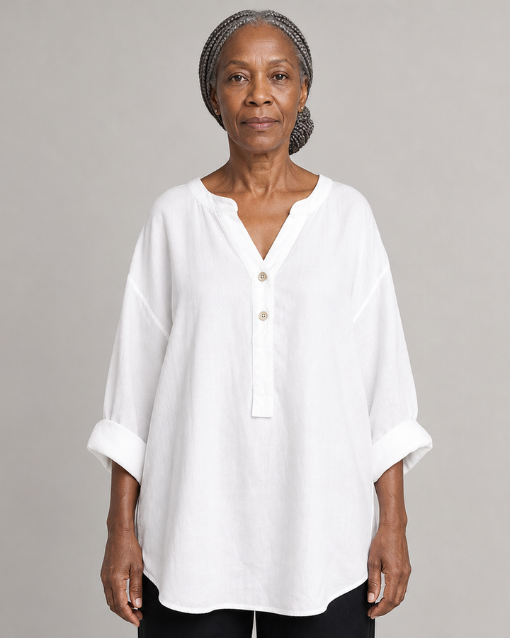 Veronique Elegant Cotton-Linen V-Neck Blouse